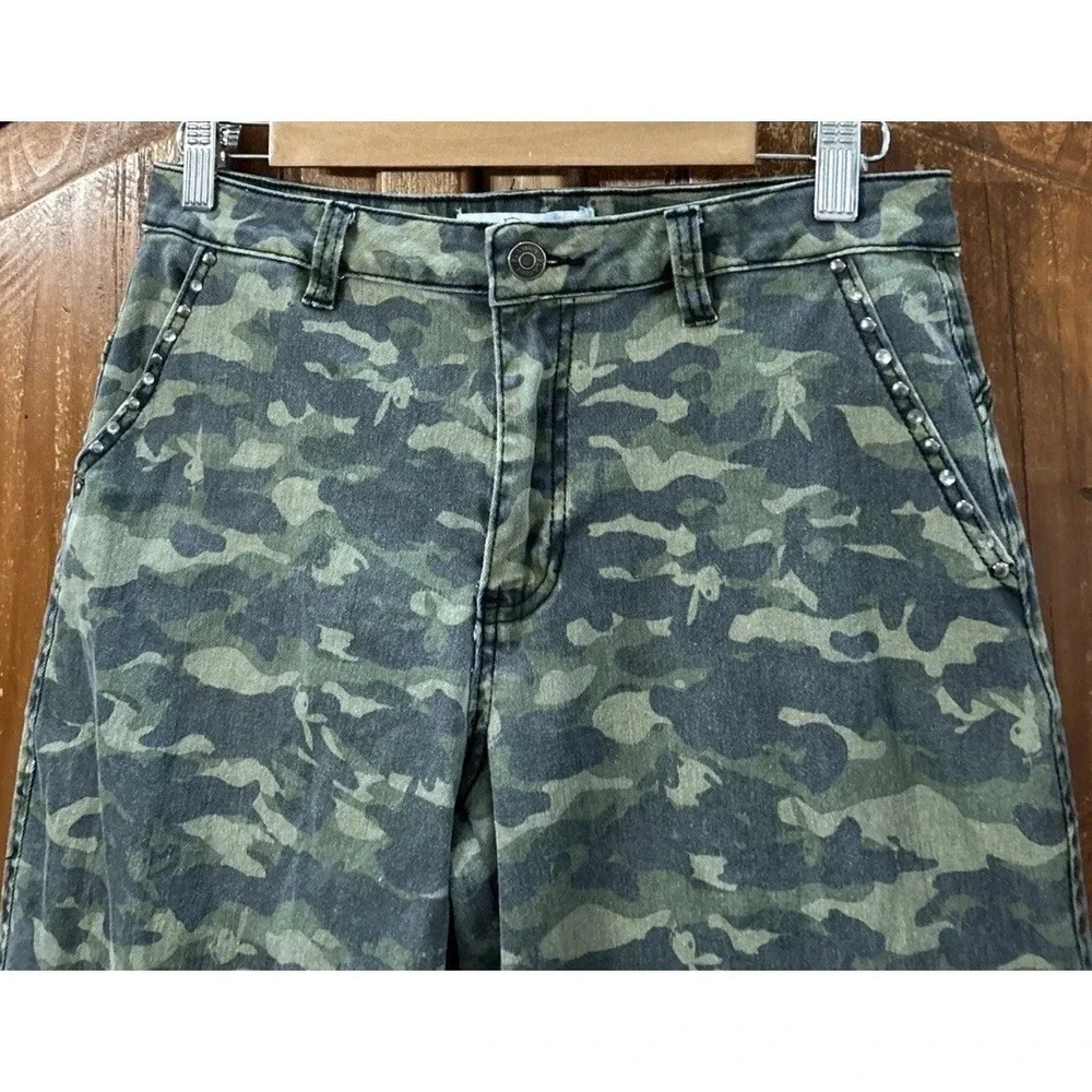 Women's‎ Y2K Playboy Camo Pants Baggy Rhinestone Bling Utility Wide Leg 9 Flare